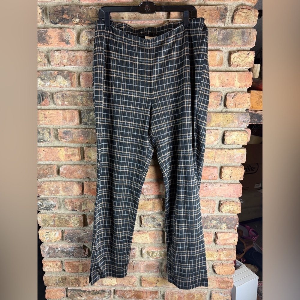 NWT J.Jill Ponte Slim Leg Pants Slit Hem Black Plaid Pull On Elastic Waist L
